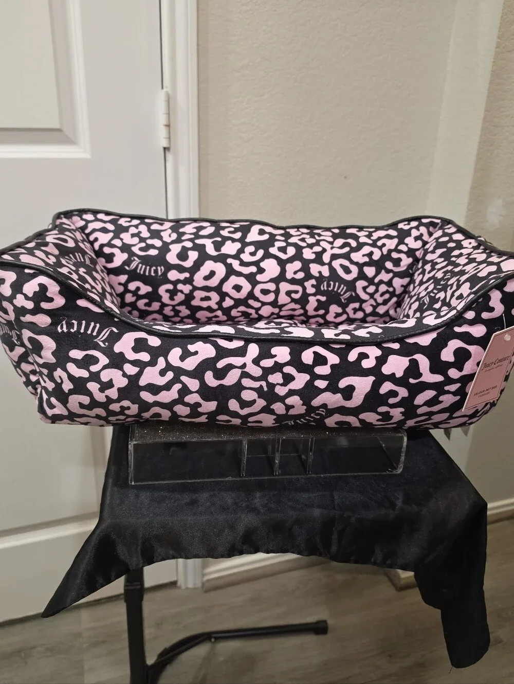 Juicy Couture Pink & Black Leopard Print Logo Velour Pet Bed Cuddler